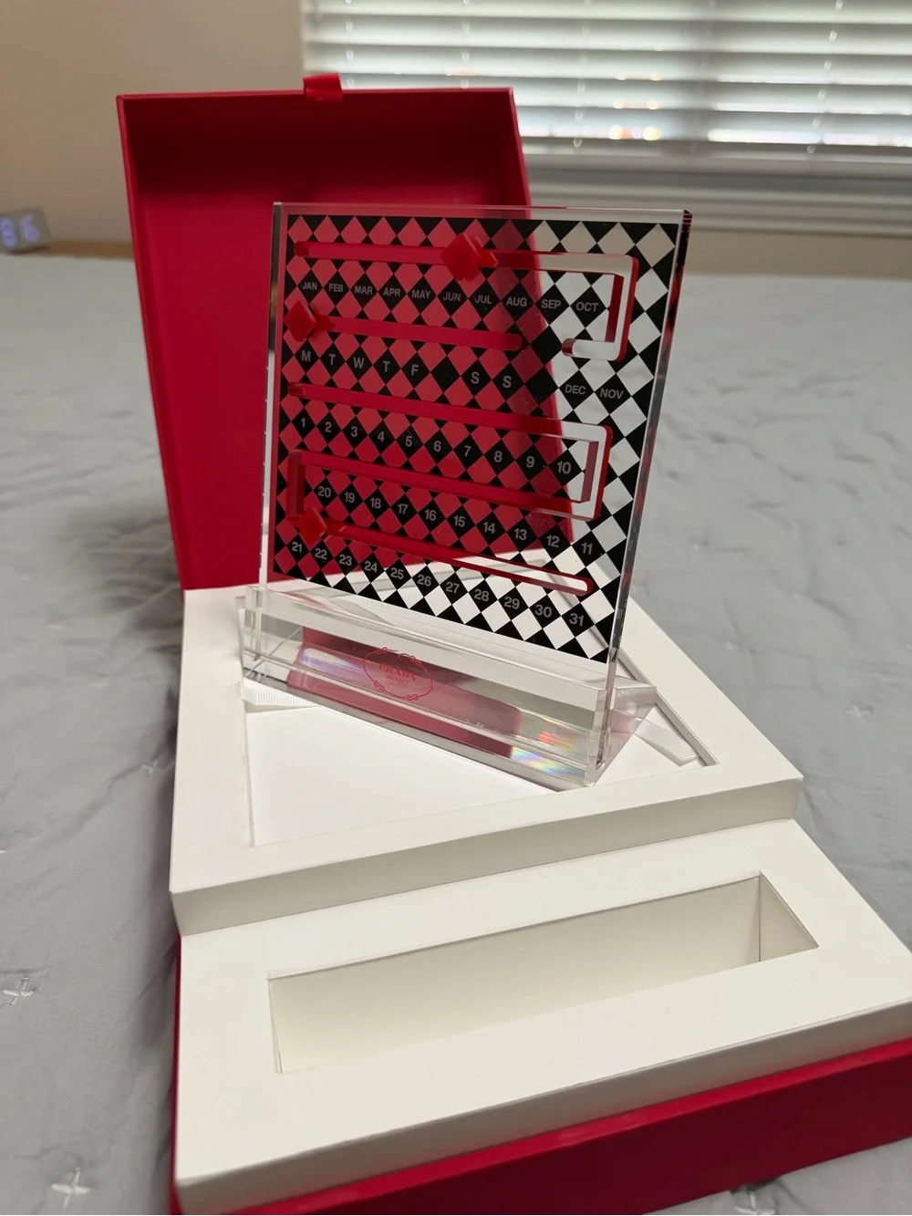 Prada Black & White Acrylic Perpetual Calendar with Red Markers